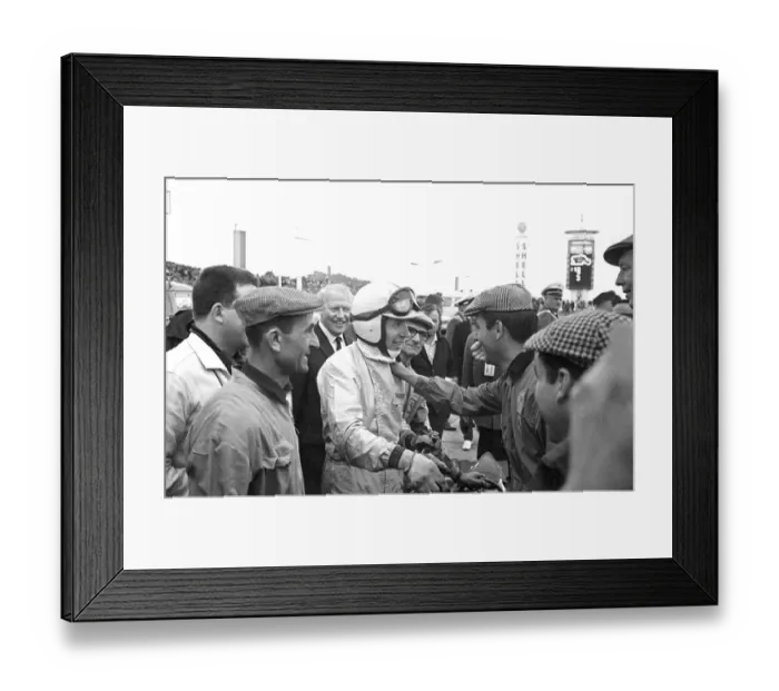 Framed Print : Friends and fans gather round to congratulate John Surtees after he won the German Framed Print : Friends and fans gather round to congratulate John Surtees after he won the German