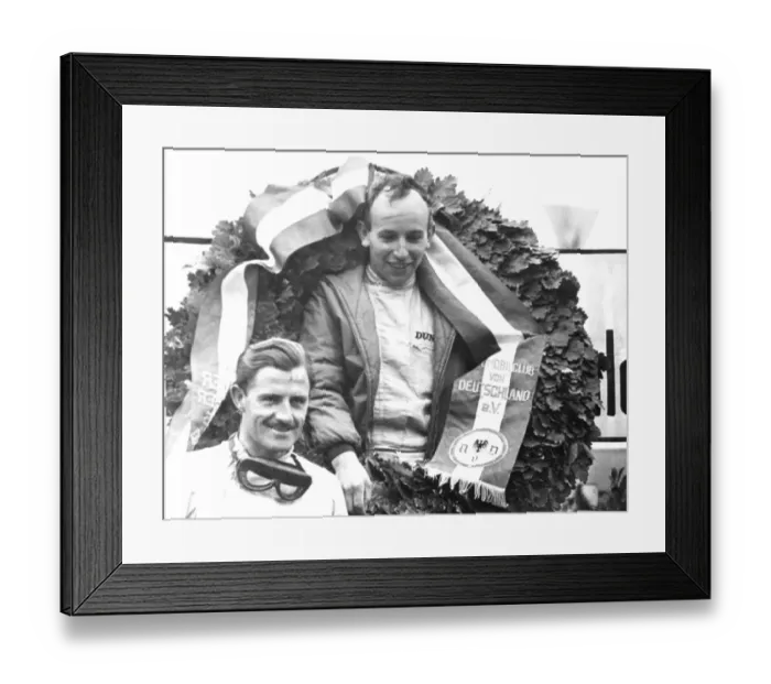 Framed Print : Nurburgring Germany John Surtees with a huge laurel wreath celebrates winning