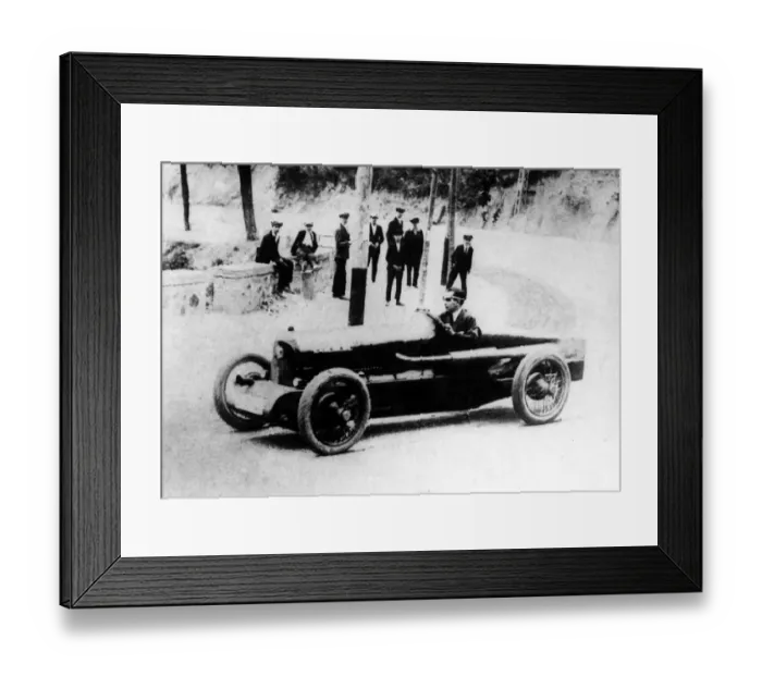 Framed Print : Pierre De Vizcaya - in a Bugatti racing car rounding a corner in 1922