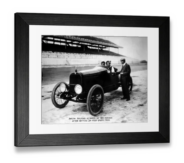 Framed Print : Ralph Mulford at wheel of 1916 Hudson after setting 24 hour speed mark Framed Print : Ralph Mulford at wheel of 1916 Hudson after setting 24 hour speed mark