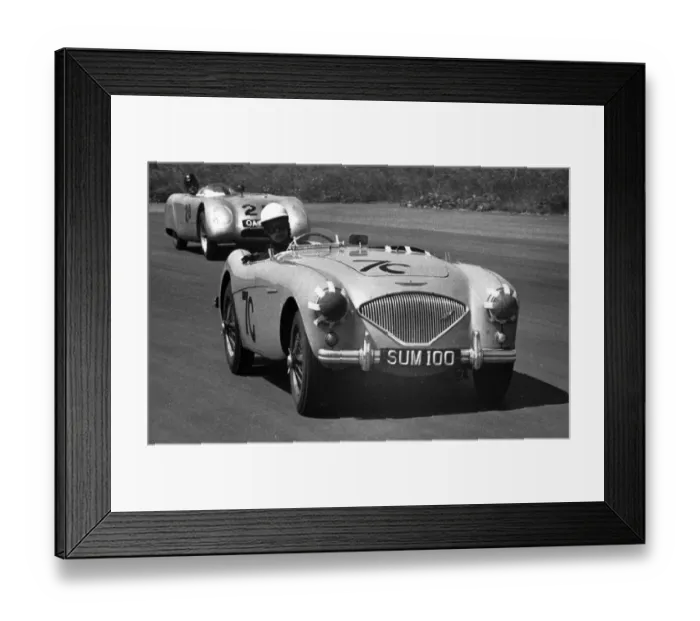 Framed Print : An early Austin Healey 100 at Silverstone in 1955. Behind it is a Buckler DD-1 Framed Print : An early Austin Healey 100 at Silverstone in 1955. Behind it is a Buckler DD-1