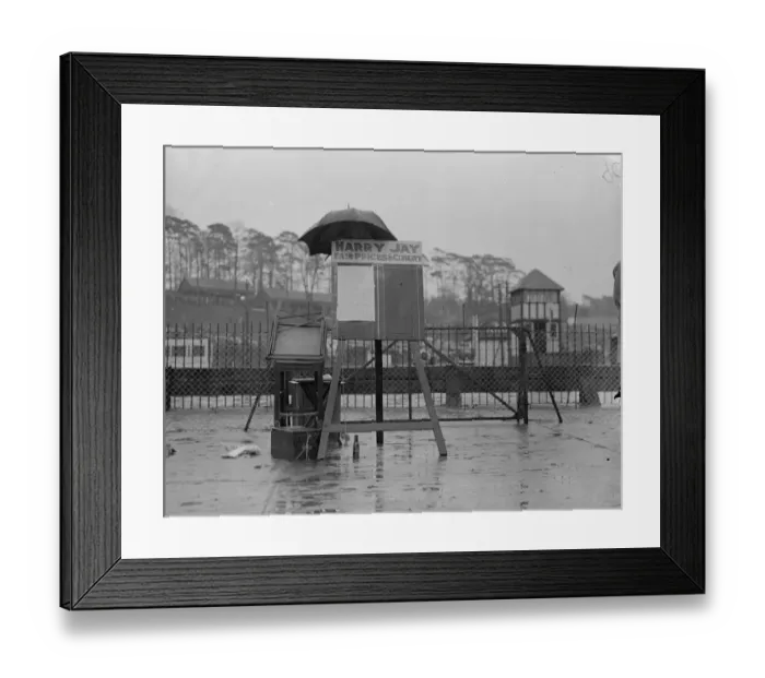 Framed Print : Brooklands meeting postponed through rain. Heavy rain caused disappointment to Framed Print : Brooklands meeting postponed through rain. Heavy rain caused disappointment to