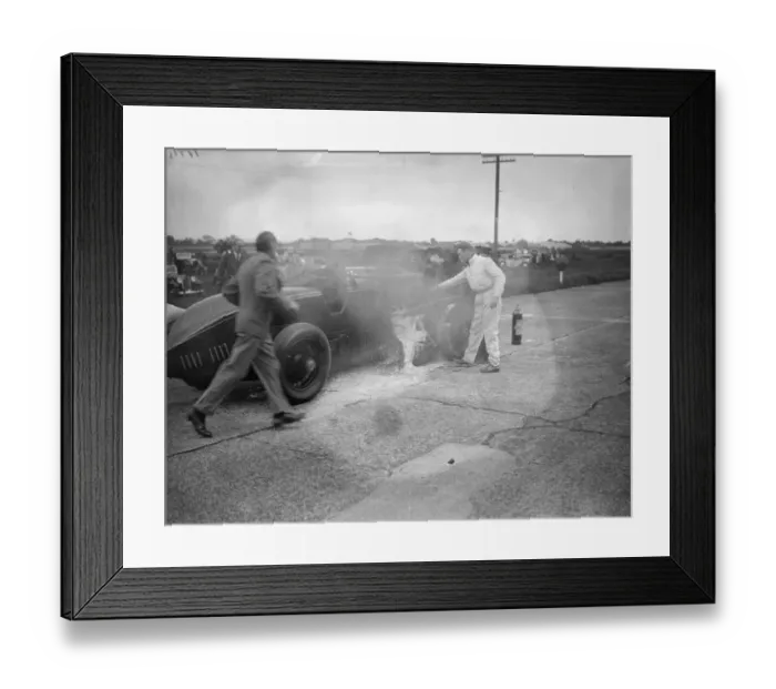 Framed Print : Car Blows up and Bursts Into Flames In Big Race At Brooklands The Leyland - Thomas