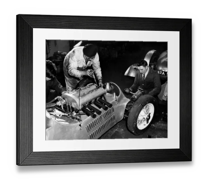 Framed Print : Preparing to fit the radiator on the new HWM racing car in the workshops at Walton Framed Print : Preparing to fit the radiator on the new HWM racing car in the workshops at Walton