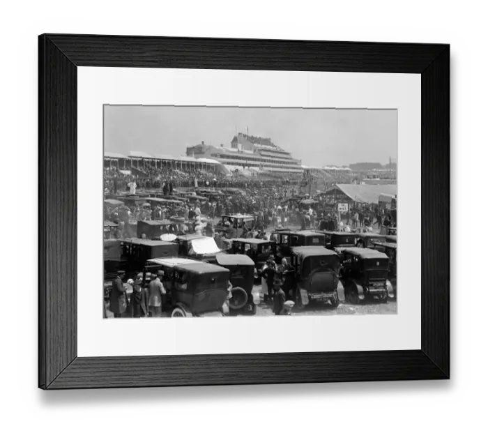 Framed Print : Derby Day at Epsom Racecourse. Looking across the parked cars to the grandstands Framed Print : Derby Day at Epsom Racecourse. Looking across the parked cars to the grandstands