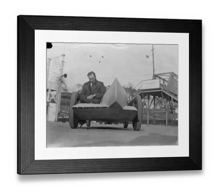 Framed Print : Weird car for Easter Monday racing at Brooklands. Mr H G Dobbs with his Riley Framed Print : Weird car for Easter Monday racing at Brooklands. Mr H G Dobbs with his Riley