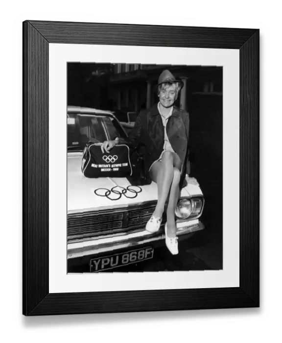 Framed Print : Britains Lilian Board before leaving for the Mexico Olympics sitting on the bonnet Framed Print : Britains Lilian Board before leaving for the Mexico Olympics sitting on the bonnet