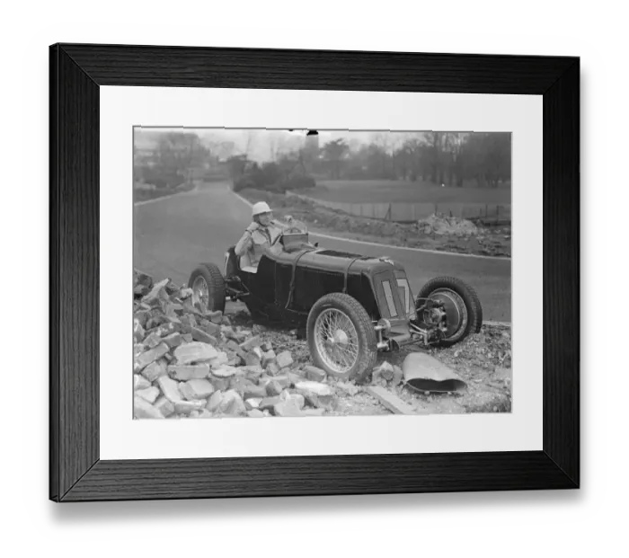 Framed Print : Raymond Mays runs onto banking at new Crystal Palace track. Two mishaps marked Framed Print : Raymond Mays runs onto banking at new Crystal Palace track. Two mishaps marked