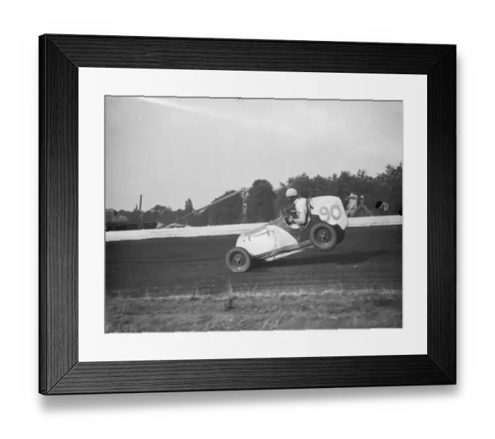 Framed Print : The Crystal Palace miniature car racing grand prix. Frank Chiswell lifts the rear Framed Print : The Crystal Palace miniature car racing grand prix. Frank Chiswell lifts the rear