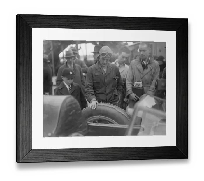 Framed Print : Sir Malcolm Campbell damages tyres on concrete surface of Brooklands track Framed Print : Sir Malcolm Campbell damages tyres on concrete surface of Brooklands track