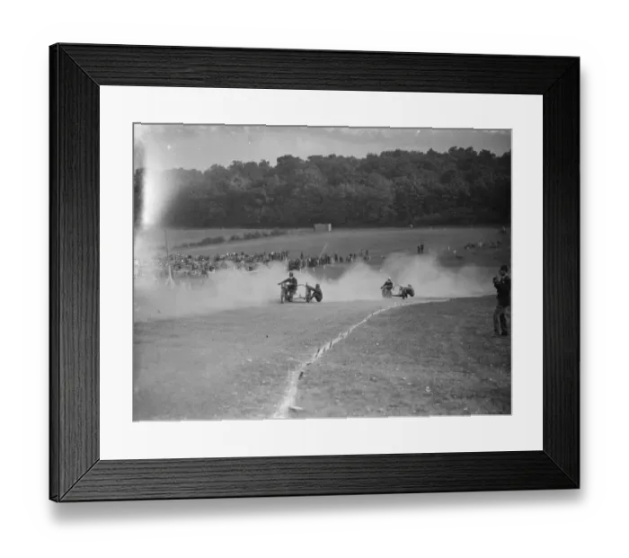 Framed Print : Motor cycling races at Brands Hatch. Two of the side car bikes jostle for position Framed Print : Motor cycling races at Brands Hatch. Two of the side car bikes jostle for position