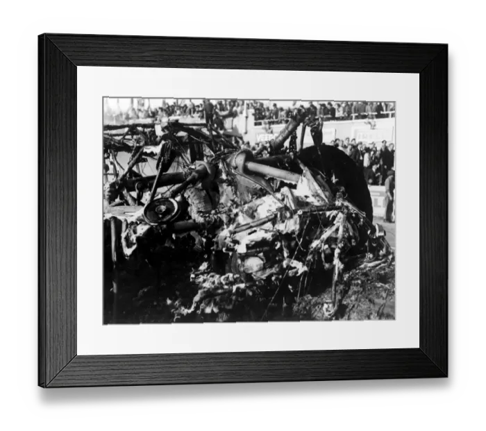 Framed Print : The tangled wreckage of Pierre Leveghs Mercedes after the disaster which claimed Framed Print : The tangled wreckage of Pierre Leveghs Mercedes after the disaster which claimed