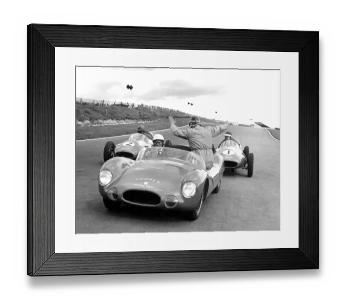 Framed Print : John Cooper, back to camera, instructs from a Cooper car driven by Les Leston as Framed Print : John Cooper, back to camera, instructs from a Cooper car driven by Les Leston as