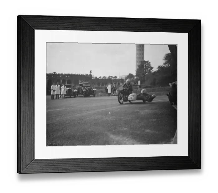 Framed Print : Crystal Palace road racing. A H Horton races round the corner with his partner Framed Print : Crystal Palace road racing. A H Horton races round the corner with his partner