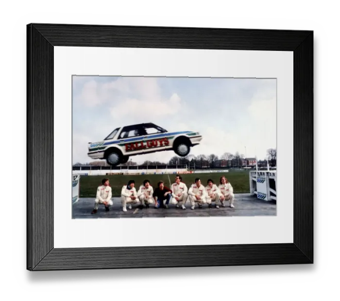 Framed Print : Stuntman Mark Sowell leaps over eight members of the dare-devil Fall Guy Stunt Team Framed Print : Stuntman Mark Sowell leaps over eight members of the dare-devil Fall Guy Stunt Team