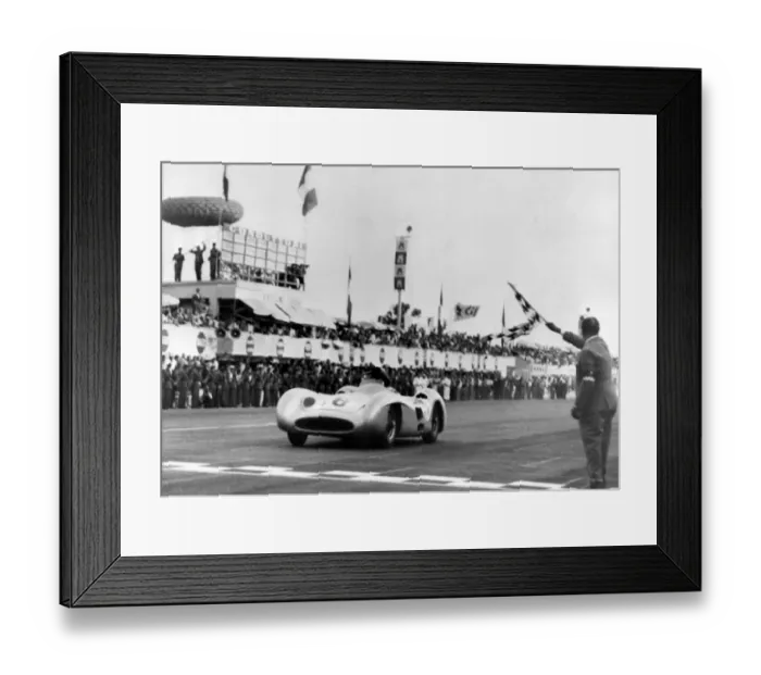 Framed Print : Argentines car ace Juan Manuel Fangio in a Mercedes Bez is flagged in winner of Framed Print : Argentines car ace Juan Manuel Fangio in a Mercedes Bez is flagged in winner of