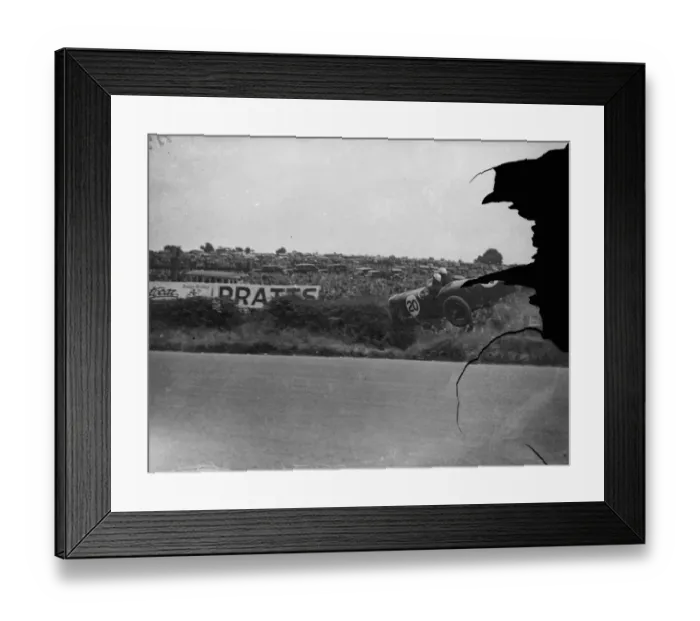 Framed Print : A thrill of the Ulster race. Remarkable photograph of motorcyclists car crashing