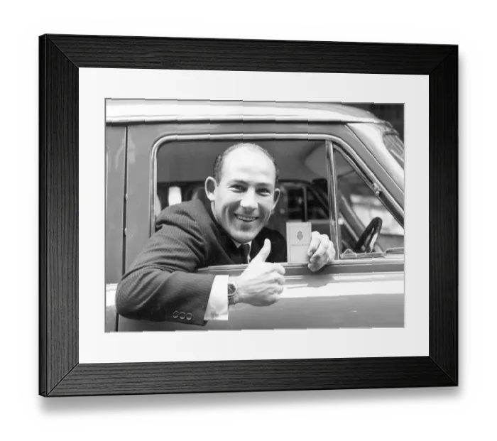 Framed Print : Stirling Moss with New Driving Licence after Year of Disqualification. he Celebrated Framed Print : Stirling Moss with New Driving Licence after Year of Disqualification. he Celebrated
