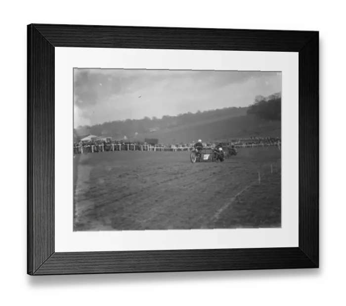 Framed Print : Motor cycling races at Brands Hatch A side car bike takes a corner during the race 1936 Framed Print : Motor cycling races at Brands Hatch A side car bike takes a corner during the race 1936