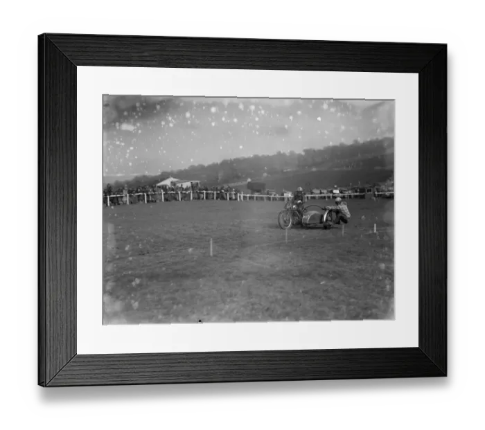 Framed Print : Motor cycling races at Brands Hatch A side car bike takes a corner during the race 1936 Framed Print : Motor cycling races at Brands Hatch A side car bike takes a corner during the race 1936