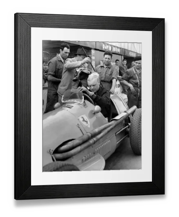 Framed Print : Mike Hawthorn with the Ferrari he drove in the British Grand Prix at Silverstone Framed Print : Mike Hawthorn with the Ferrari he drove in the British Grand Prix at Silverstone