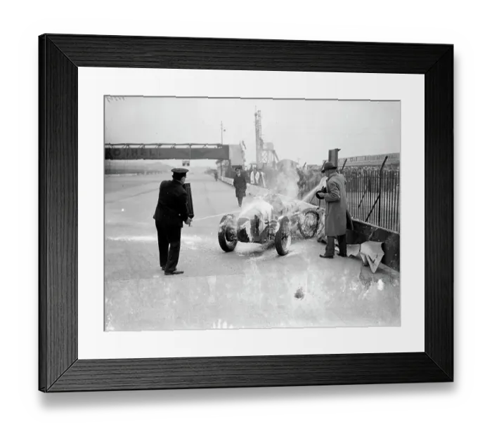 Framed Print : Woman driver leaps from blazing car at international trophy race. Miss Doreen Evans Framed Print : Woman driver leaps from blazing car at international trophy race. Miss Doreen Evans