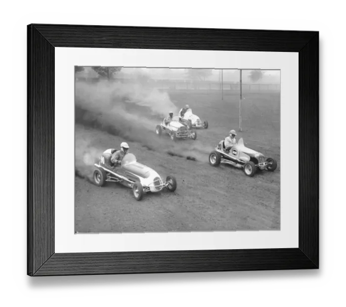 Framed Print : Members of the US Midget car team, warming up at speed at Walthamstow Stadium. May Framed Print : Members of the US Midget car team, warming up at speed at Walthamstow Stadium. May