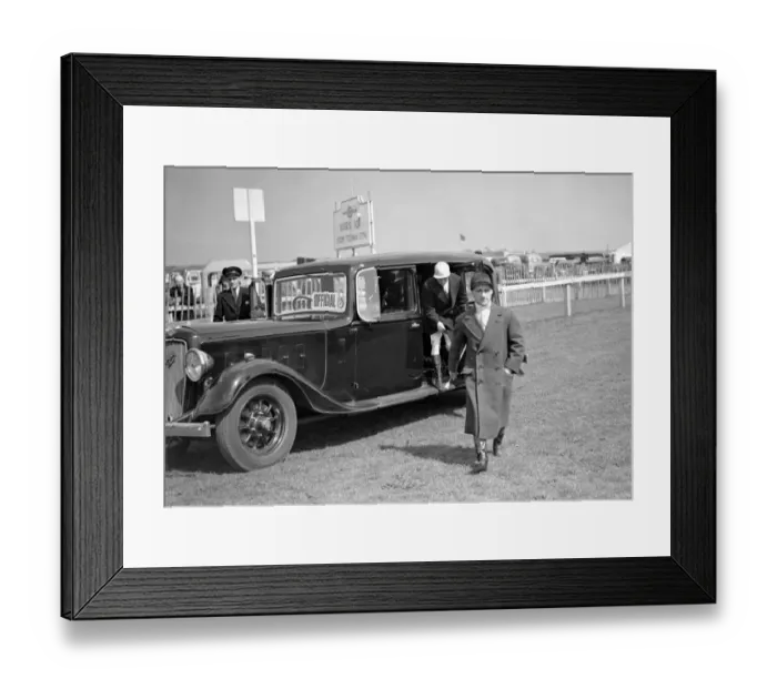 Framed Print : Epsom Downs Spring Meeting Surrey Jockey Gordon Richard arrives by car. 18 April 1939 Framed Print : Epsom Downs Spring Meeting Surrey Jockey Gordon Richard arrives by car. 18 April 1939
