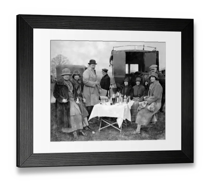 Framed Print : Garth Hunt Point to Point races at Arborfield, Berkshire. Sitting around their Framed Print : Garth Hunt Point to Point races at Arborfield, Berkshire. Sitting around their