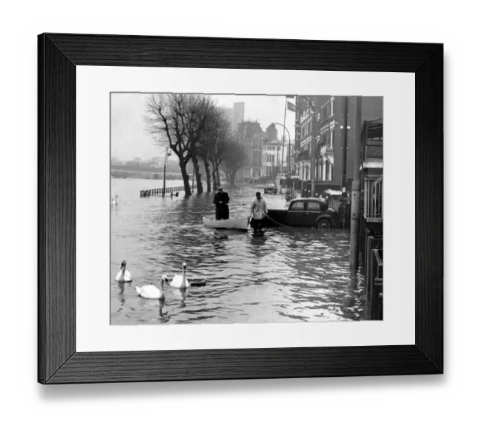 Framed Print : High Water at Putney Floods on the towpath the scene at Putney as boatmen wade Framed Print : High Water at Putney Floods on the towpath the scene at Putney as boatmen wade