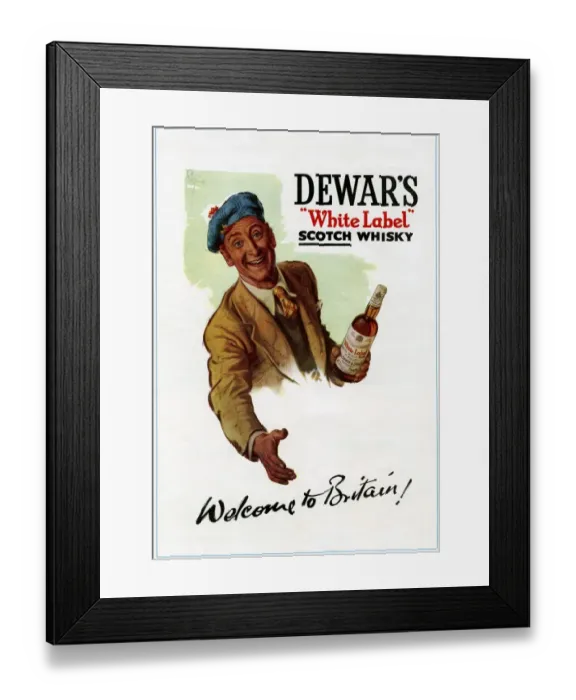 Framed Print : WHISKY ADVERTISEMENT - 1951 Advertising poster for Dewarss White Label brand