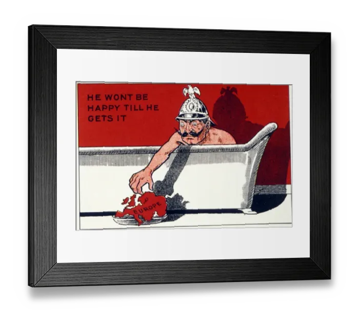 Framed Print : Cartoon of Kaiser Bill in the Bath Tub with the caption He Wont be Happy Till He
