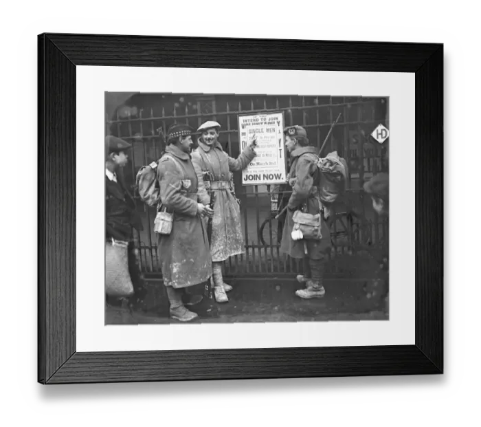 Framed Print : Soldiers home from the trenches interested in the new notice to single men ( Gordons Framed Print : Soldiers home from the trenches interested in the new notice to single men ( Gordons