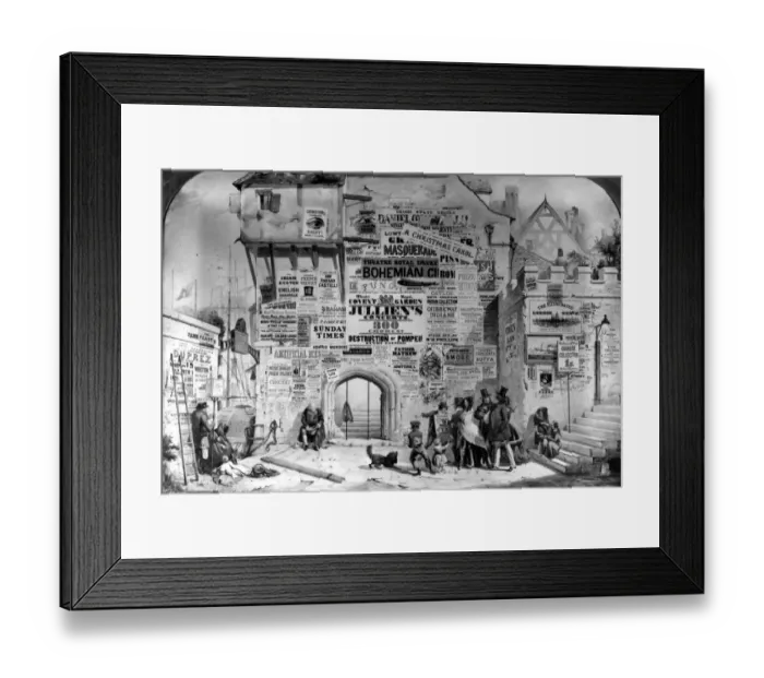 Framed Print : A wall full of bill posters stuck over the top of one another in an old courtyard