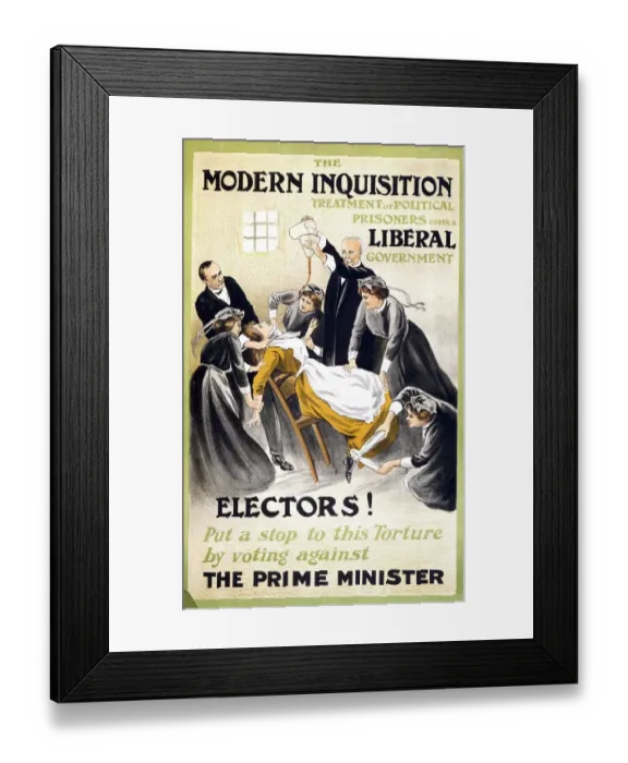 Framed Print : A poster showing a suffragette being forced fed issued as an election poster by