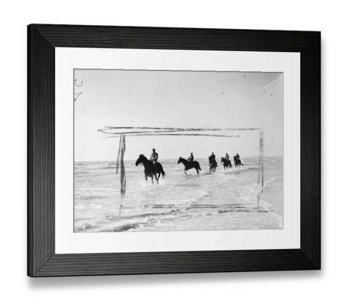 Framed Print : Race horses train on sands. Some of Britains leading racehorses, unable to train Framed Print : Race horses train on sands. Some of Britains leading racehorses, unable to train
