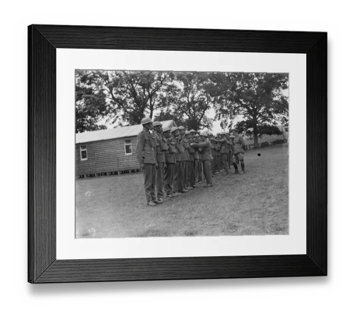Framed Print : Territorial Army recruits at camp in Chichester, Sussex. Gas masks and uniform inspection