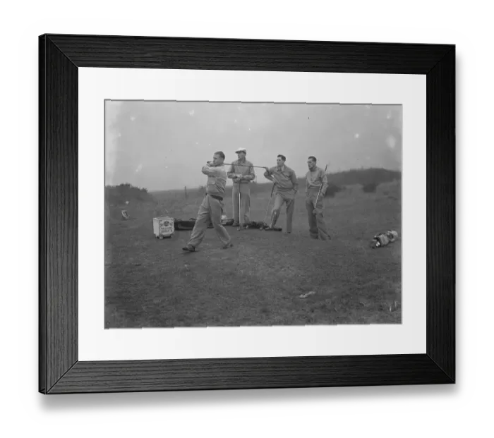 Framed Print : Members of Arsenal Football Club on the Dyke golf links at Brighton. Cliff Bastin driving off Framed Print : Members of Arsenal Football Club on the Dyke golf links at Brighton. Cliff Bastin driving off