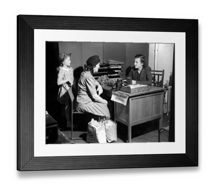 Framed Print : Housing office, Holborn, London, 1946, interviewing applicants, mother and child