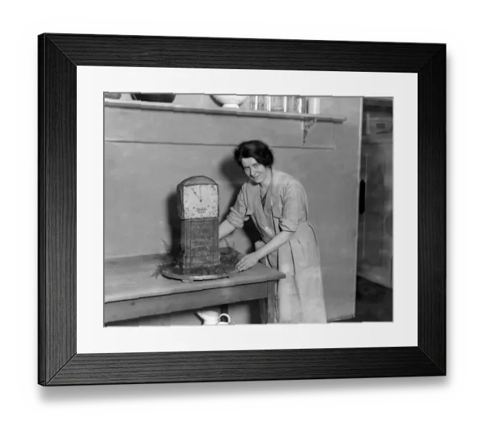 Framed Print : Mrs Barrett (Mrs Stanley Baldwins Cook) with one of her famous confections, a replica Framed Print : Mrs Barrett (Mrs Stanley Baldwins Cook) with one of her famous confections, a replica