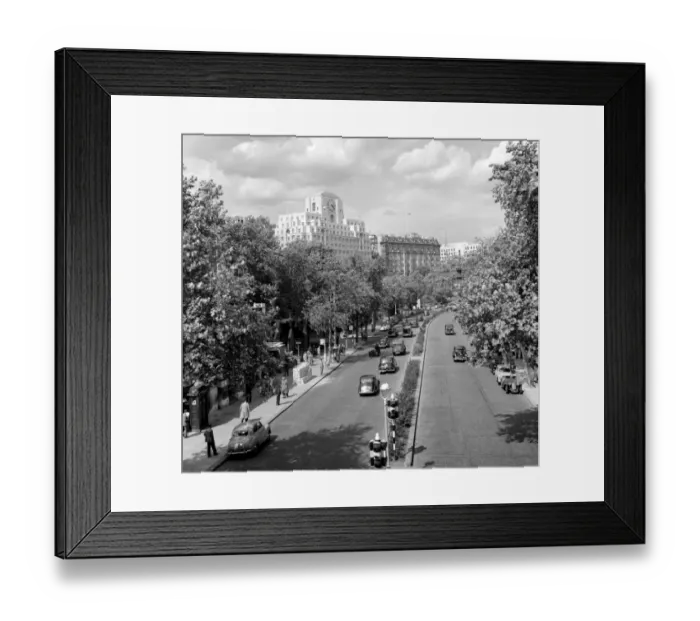 Framed Print : Looking down Victoria Embankment with the Shell Mex House ( art deco style 1930 Framed Print : Looking down Victoria Embankment with the Shell Mex House ( art deco style 1930