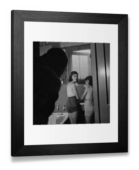 Framed Print : Two young girls in a bathroom, standing by a sink. [no caption, location or date]