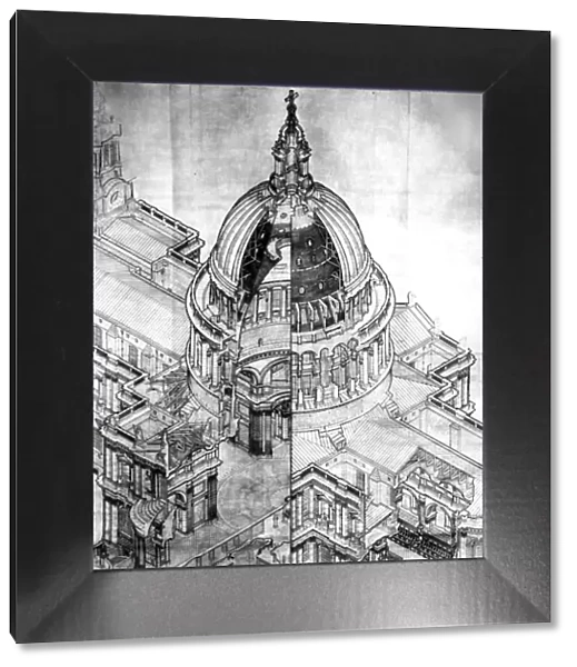 An illustrated aerial view of St Pauls Cathedral, London, England revealing all
