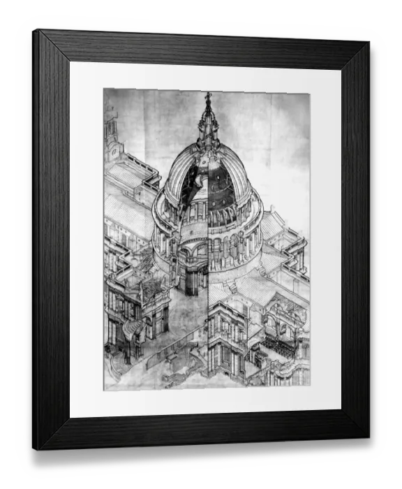 Framed Print : An illustrated aerial view of St Pauls Cathedral, London, England revealing all Framed Print : An illustrated aerial view of St Pauls Cathedral, London, England revealing all
