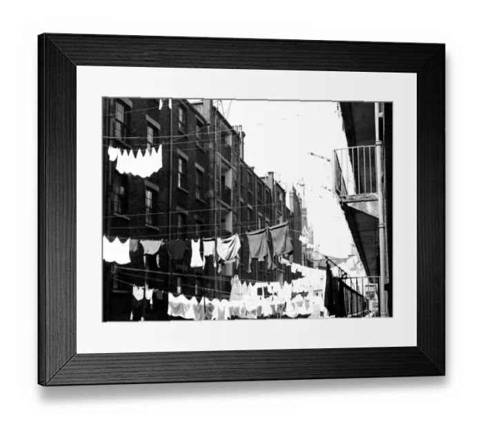 Framed Print : Tenements in St Pancras, London with laundry hanging from washing lines strung Framed Print : Tenements in St Pancras, London with laundry hanging from washing lines strung
