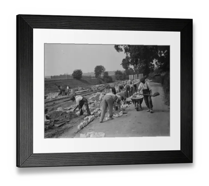 Framed Print : Building up wall with stone of Waterloo Bridge. St Mary Cray. 1937 Framed Print : Building up wall with stone of Waterloo Bridge. St Mary Cray. 1937