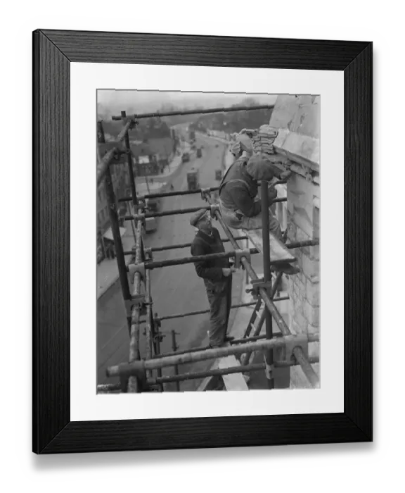 Framed Print : Repairing Eltham Church tower. 1937 Framed Print : Repairing Eltham Church tower. 1937