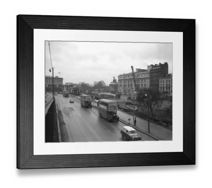Framed Print : London buses driving past the construction of the new overpass - just one section Framed Print : London buses driving past the construction of the new overpass - just one section