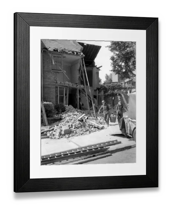 Framed Print : Home front 1940. Destroyed home in the Crayford area, after a German air raid Framed Print : Home front 1940. Destroyed home in the Crayford area, after a German air raid