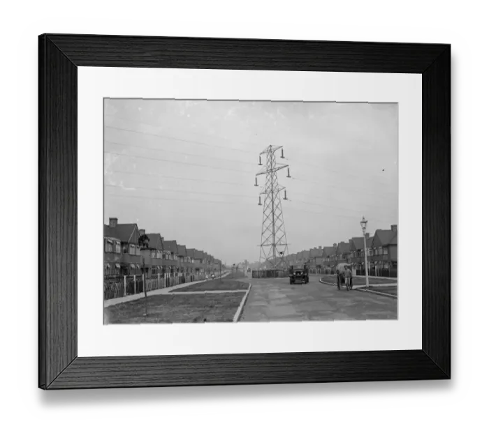 Framed Print : Electricity pylon in the middle of a suburban street, Sidcup. 1935 Framed Print : Electricity pylon in the middle of a suburban street, Sidcup. 1935